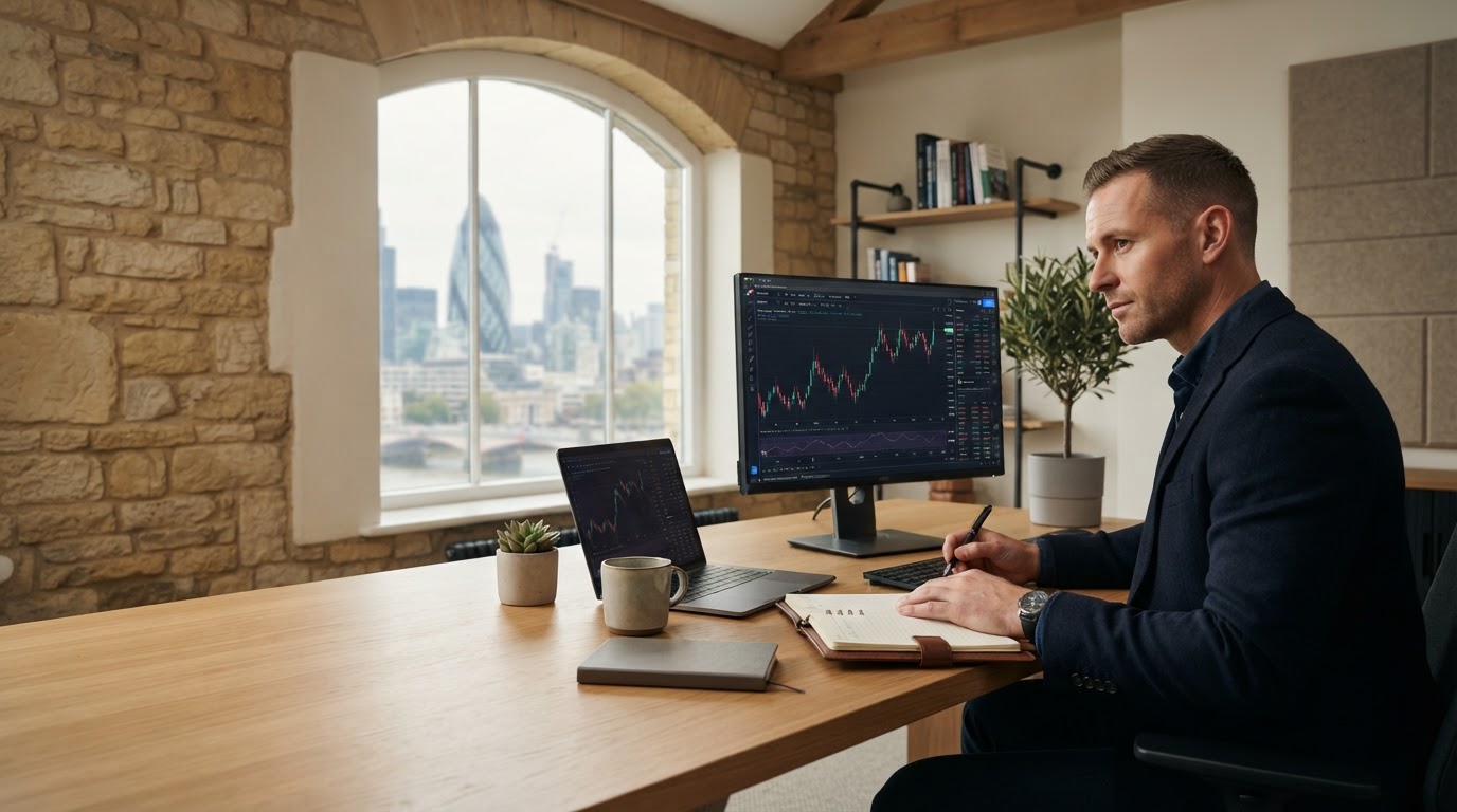 Ebinex Trader minimalist office space representing calm, considered financial decision-making